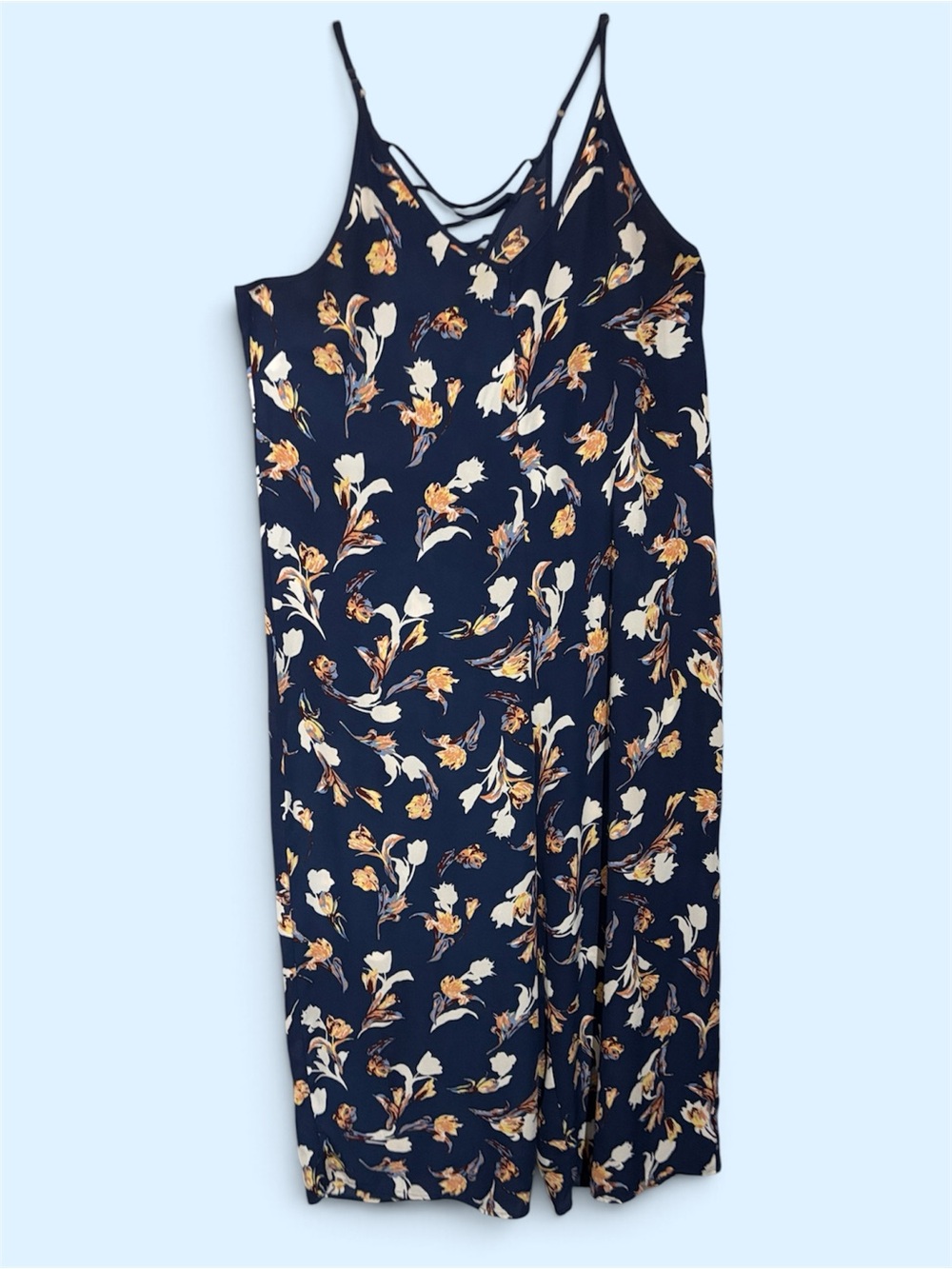 Xhilaratuon Navy blue floral maxi jumpsuit with white and gold flowers, size XL